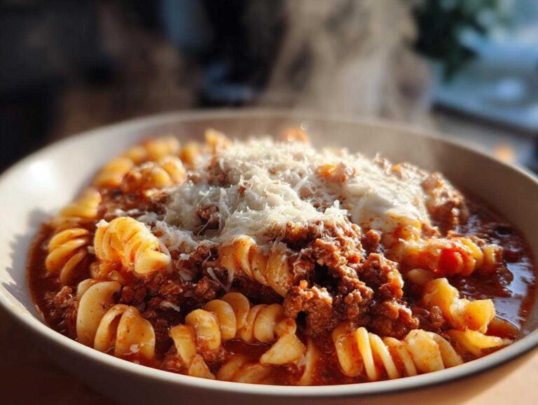 Close-up of a steaming bowl of crockpot lasagna soup featuring rotini pasta, rich meat sauce, and grated Parmesan cheese.