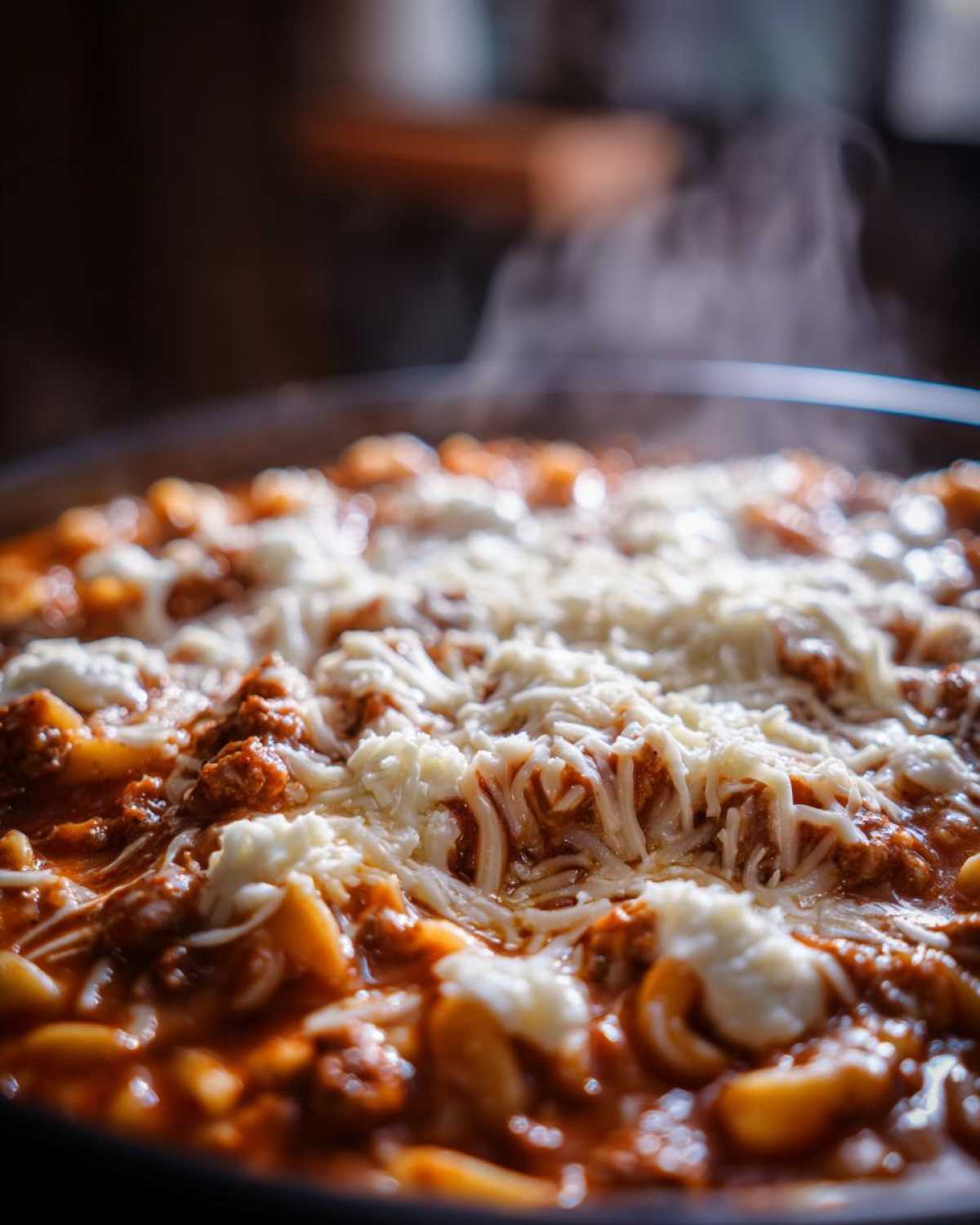 Close-up of steaming crockpot lasagna soup topped generously with melted mozzarella cheese.