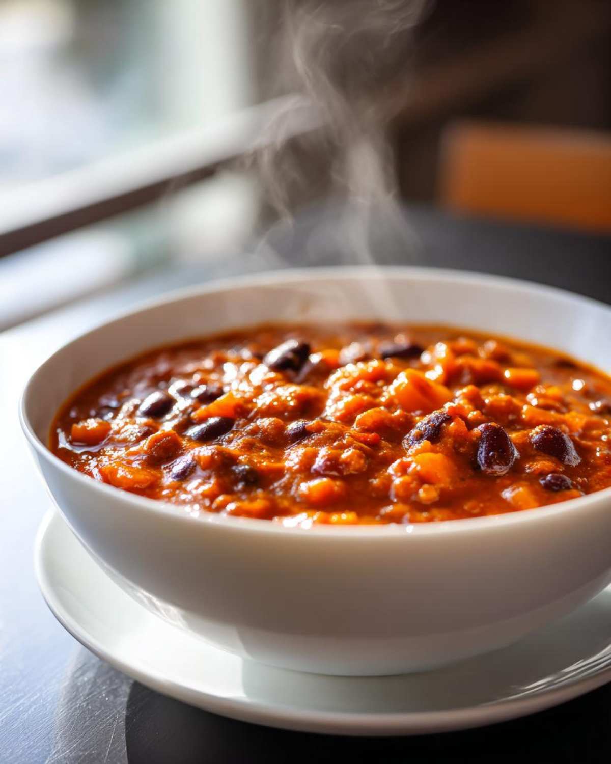 Close-up of a steaming white bowl filled with rich, thick pumpkin chili containing beans and chunks of pumpkin.
