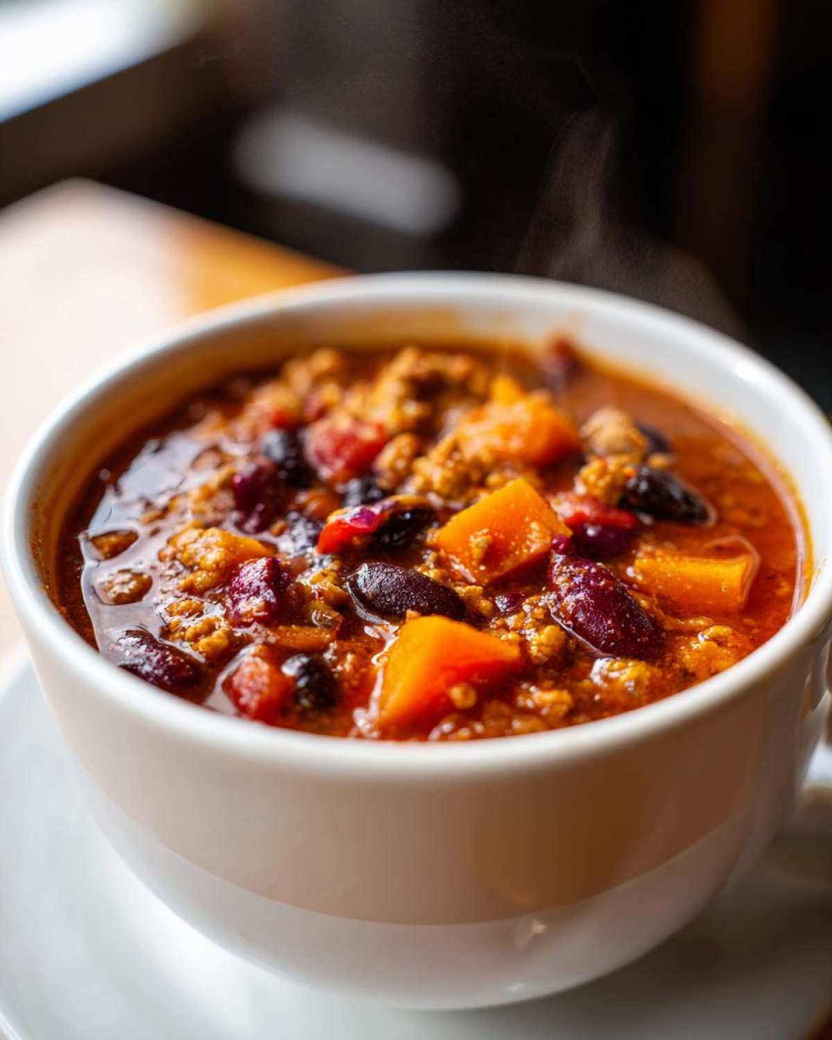 Close-up of a steaming white bowl filled with rich, hearty pumpkin chili featuring visible chunks of pumpkin and kidney beans.