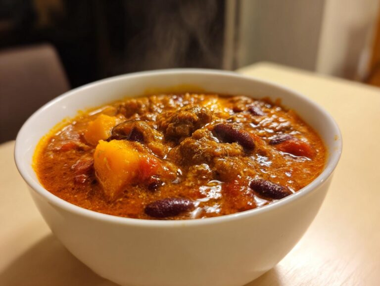 Close-up of a steaming white bowl filled with rich, thick pumpkin chili containing kidney beans and chunks of orange squash.