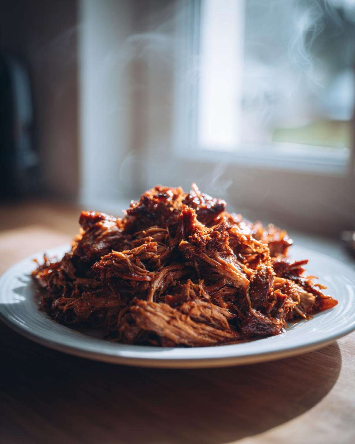 A mound of freshly shredded, saucy Slow Cooker Pulled Pork steaming on a white plate.