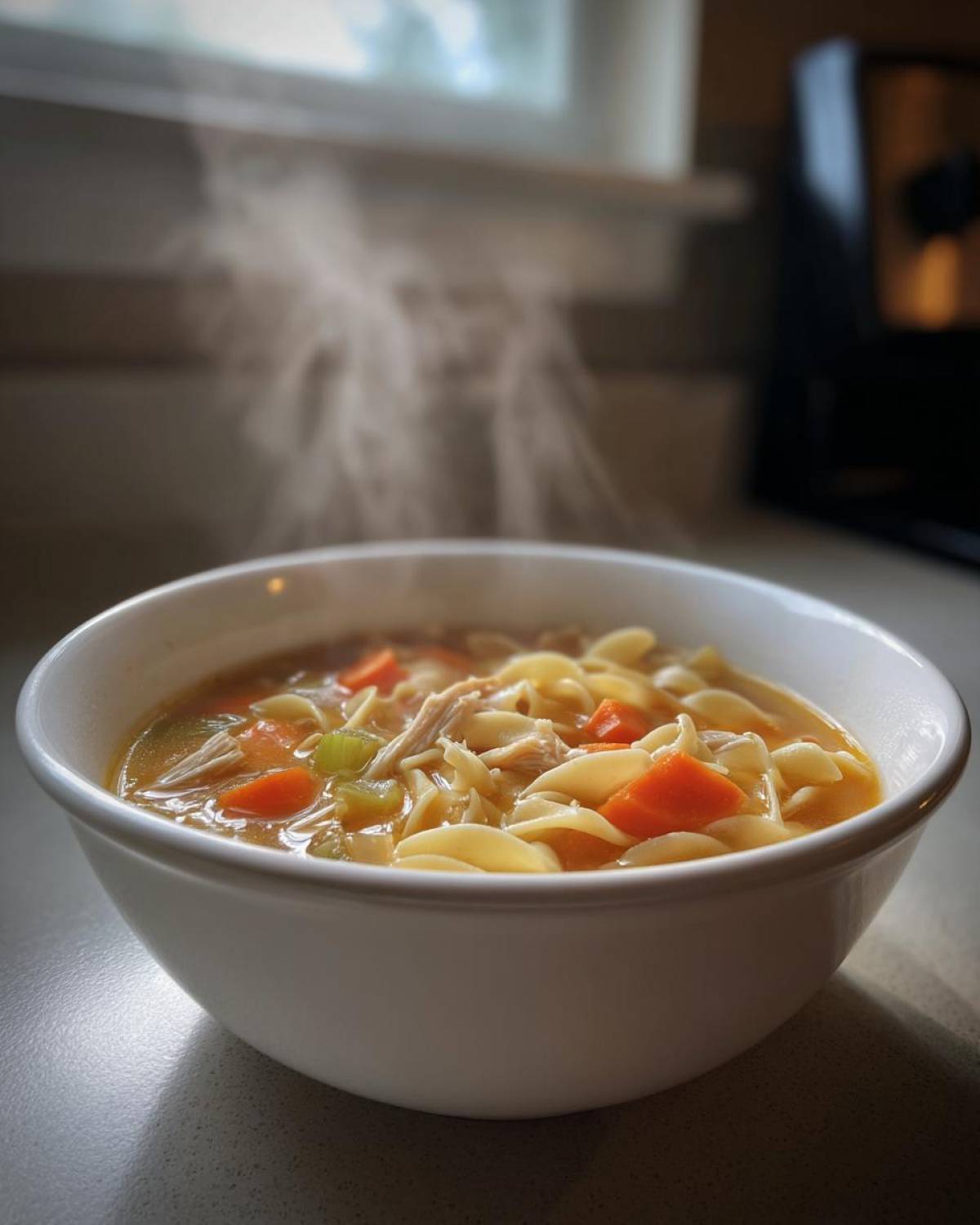 A steaming white bowl filled with hot turkey noodle soup featuring egg noodles, shredded turkey, carrots, and celery.