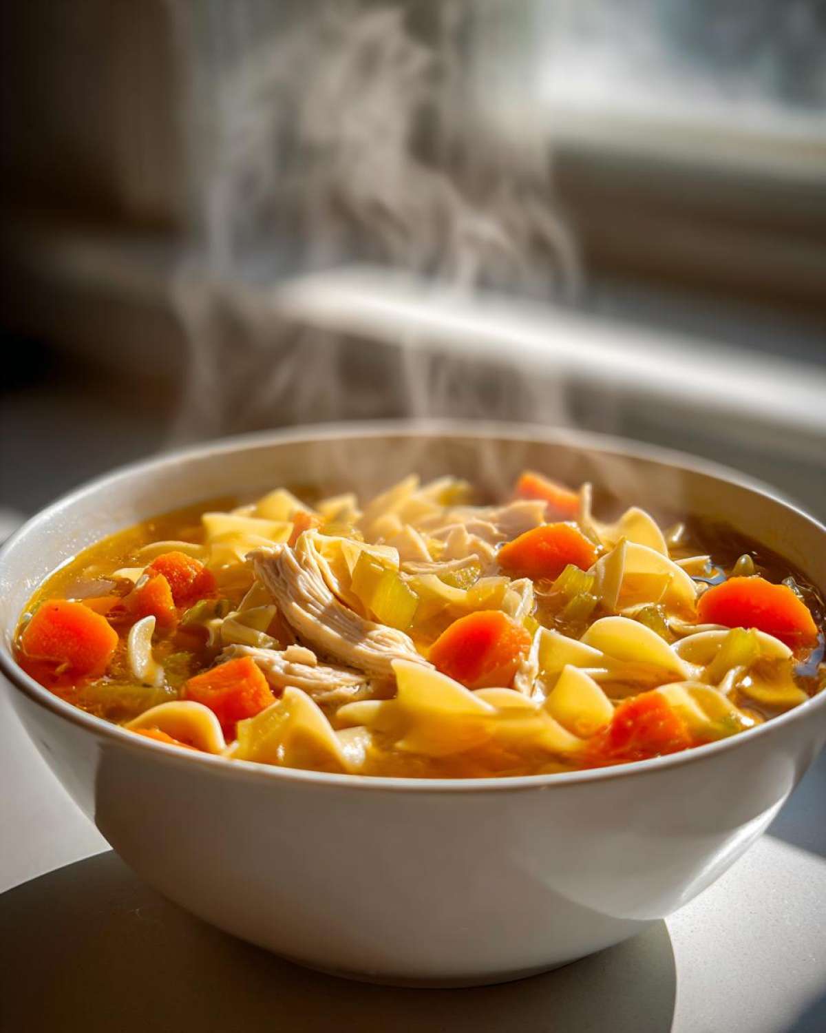 A steaming white bowl filled with rich turkey noodle soup, featuring shredded turkey, egg noodles, and bright carrots.