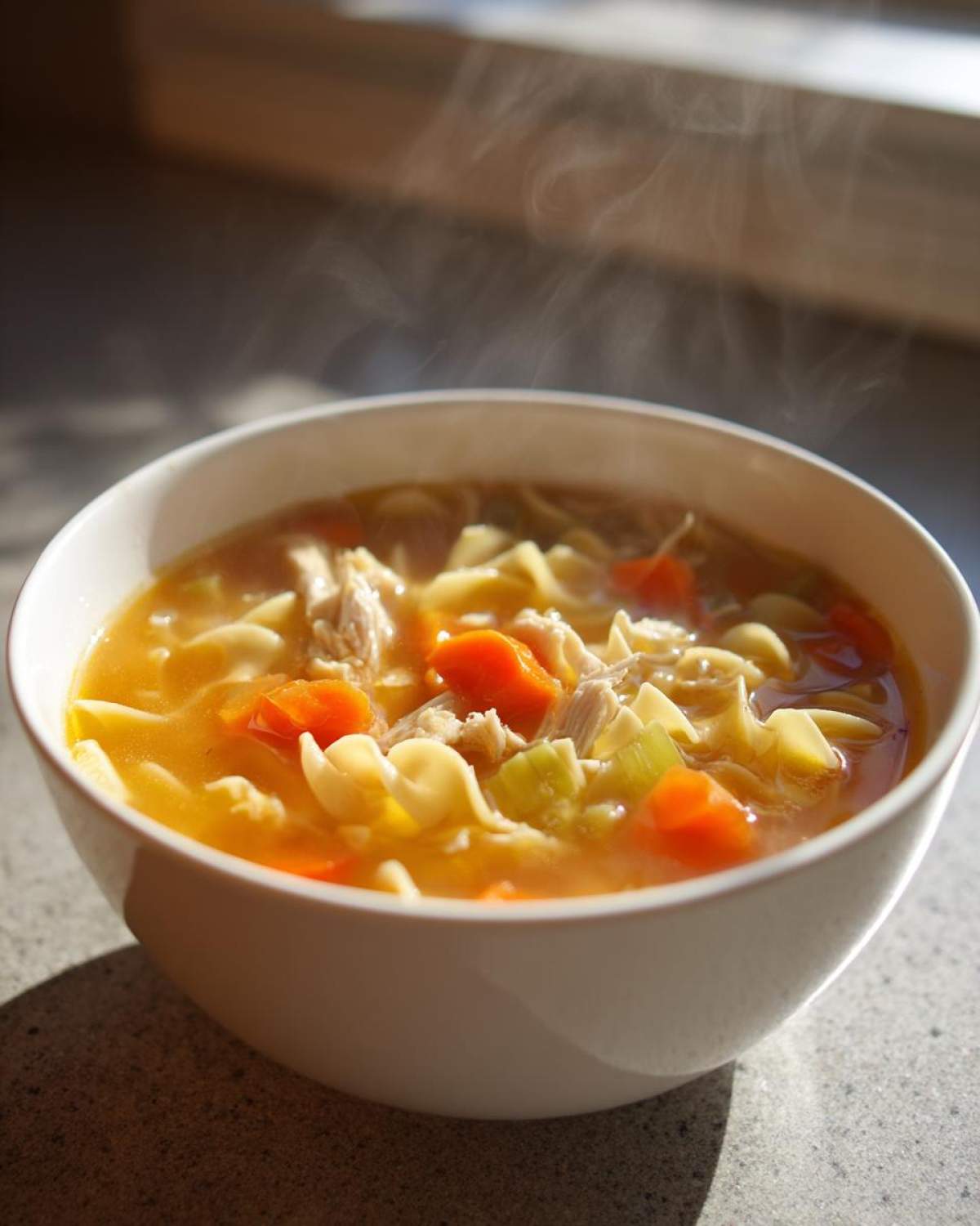 A steaming white bowl filled with homemade turkey noodle soup, showing broth, egg noodles, shredded turkey, and bright orange carrots.