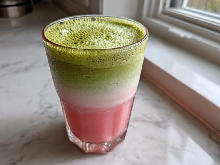 A vibrant, layered strawberry matcha drink showing pink, white, and bright green matcha foam in a glass.