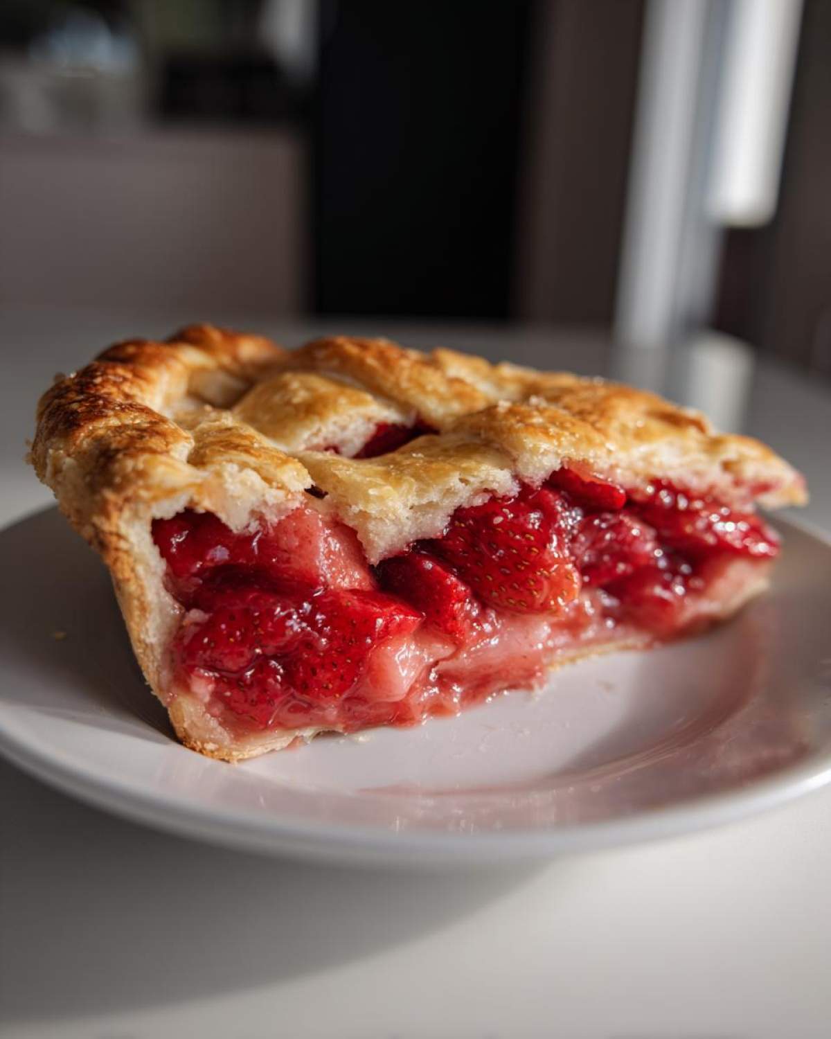 Close-up of a slice of strawberry rhubarb pie showing juicy filling and golden flaky crust.