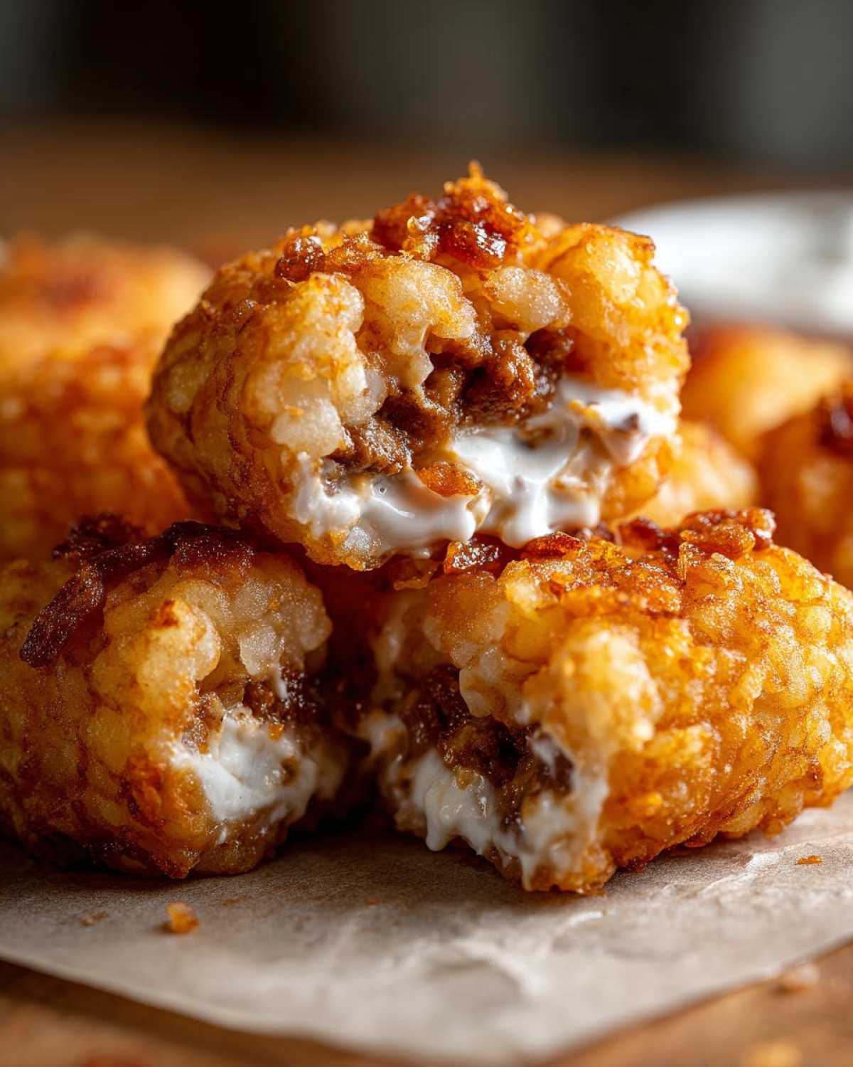 Close-up of a fried, golden brown tater tot casserole bite cut open showing creamy filling and ground meat.