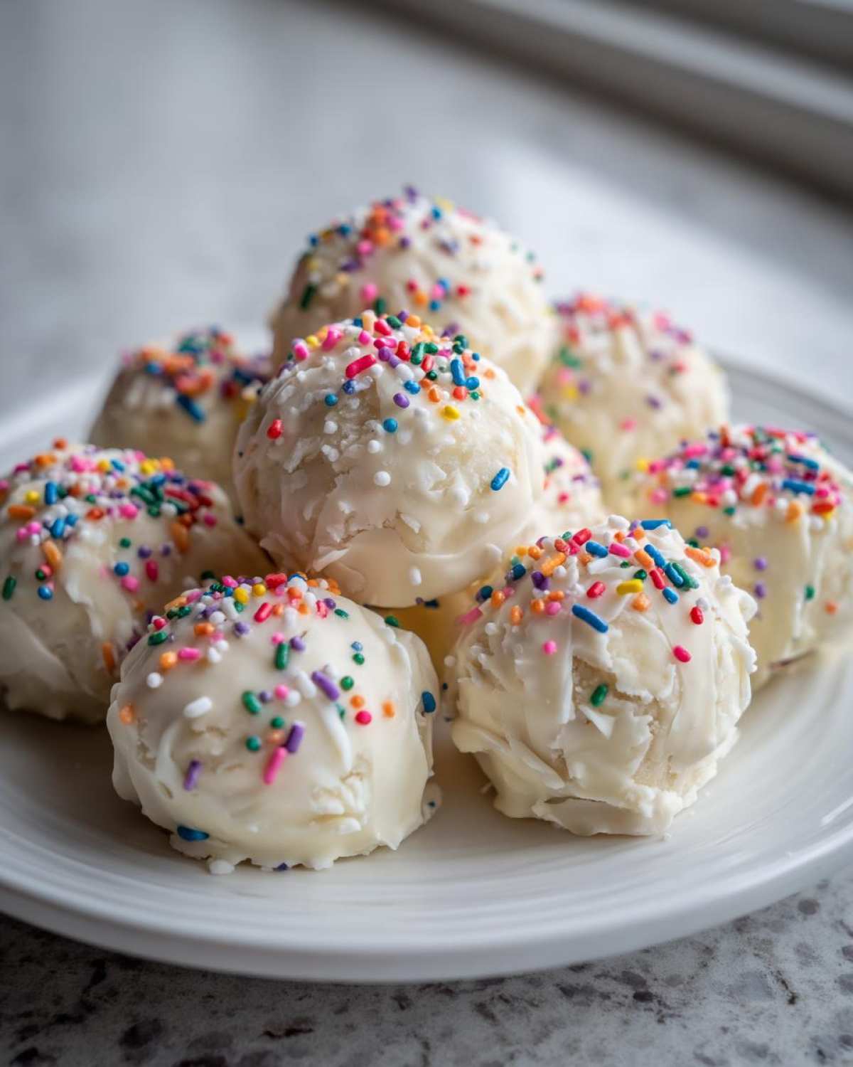 A pile of white chocolate-coated sugar cookie truffles topped with colorful sprinkles on a white plate.