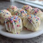 A plate of homemade sugar cookie truffles dipped in white chocolate and decorated with rainbow sprinkles.