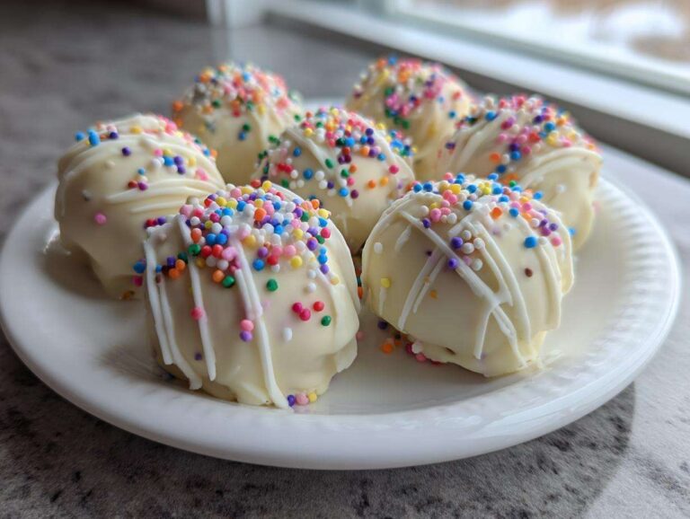Amazing 4-Ingredient sugar cookie truffles A plate of homemade sugar cookie truffles dipped in white chocolate and decorated with rainbow sprinkles.