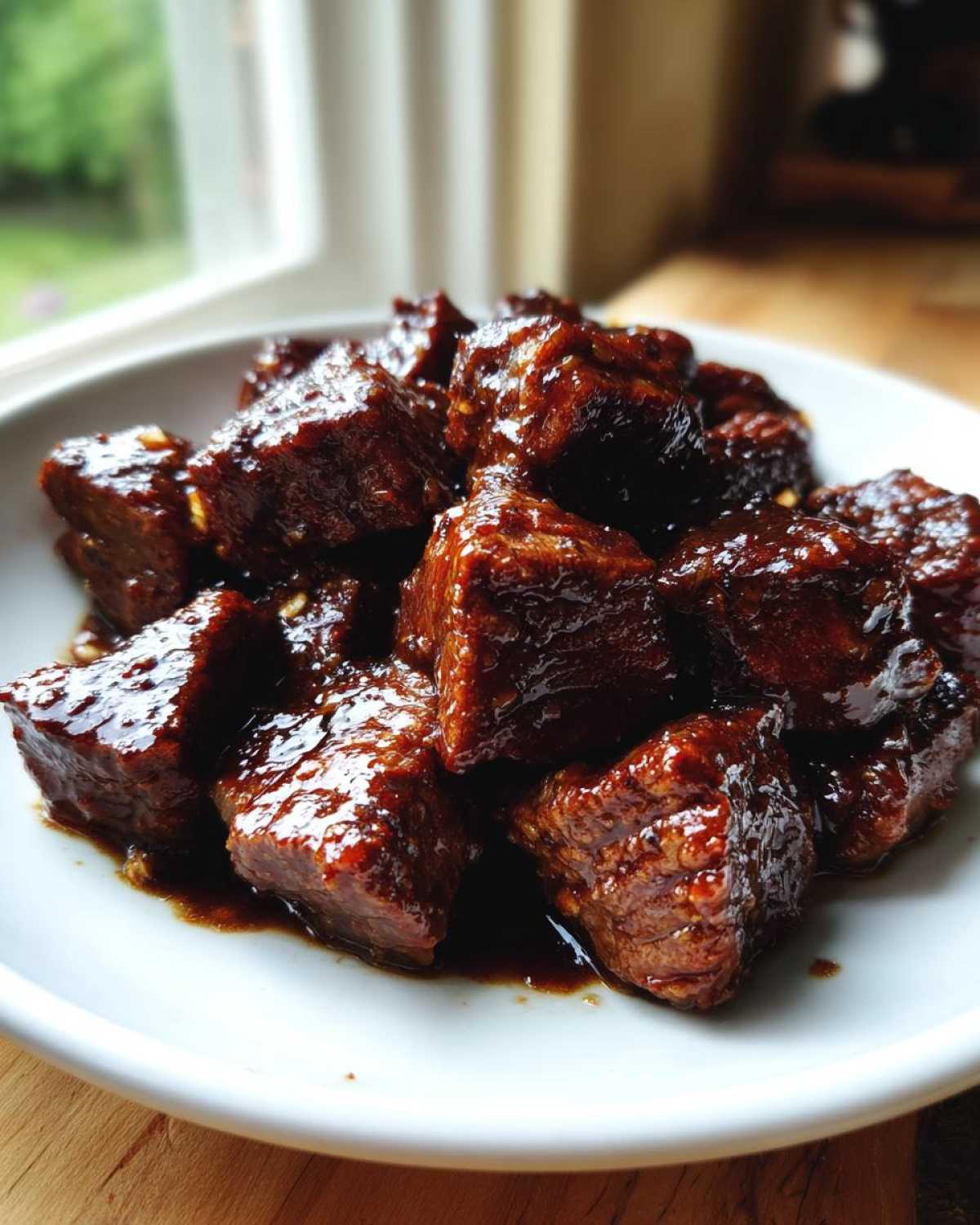 Close-up of tender, bite-sized pieces of crockpot steak coated in a thick, dark, glossy sauce.