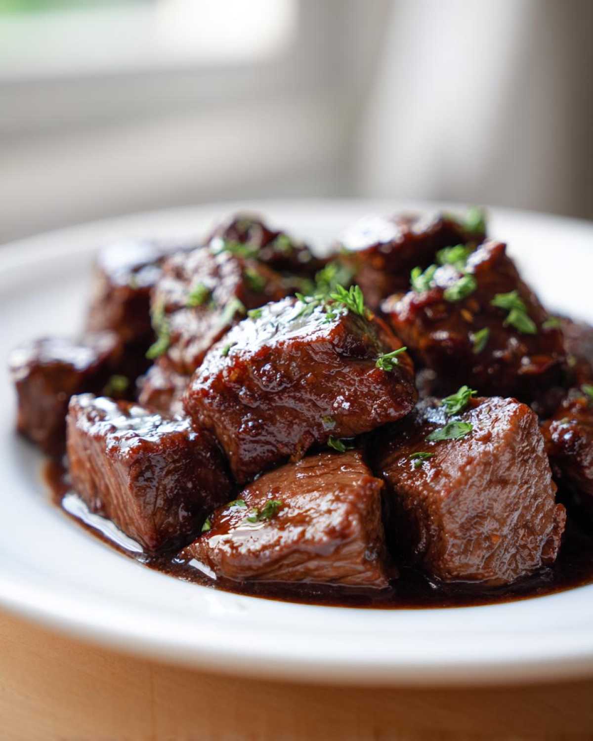 Close-up of tender, saucy cubes of crockpot steak garnished with fresh herbs on a white plate.