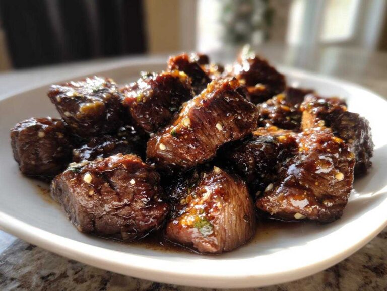5 Hour Crockpot Steak Makes Tender Bites Close-up of tender, bite-sized pieces of crockpot steak coated in a rich, glossy brown sauce.