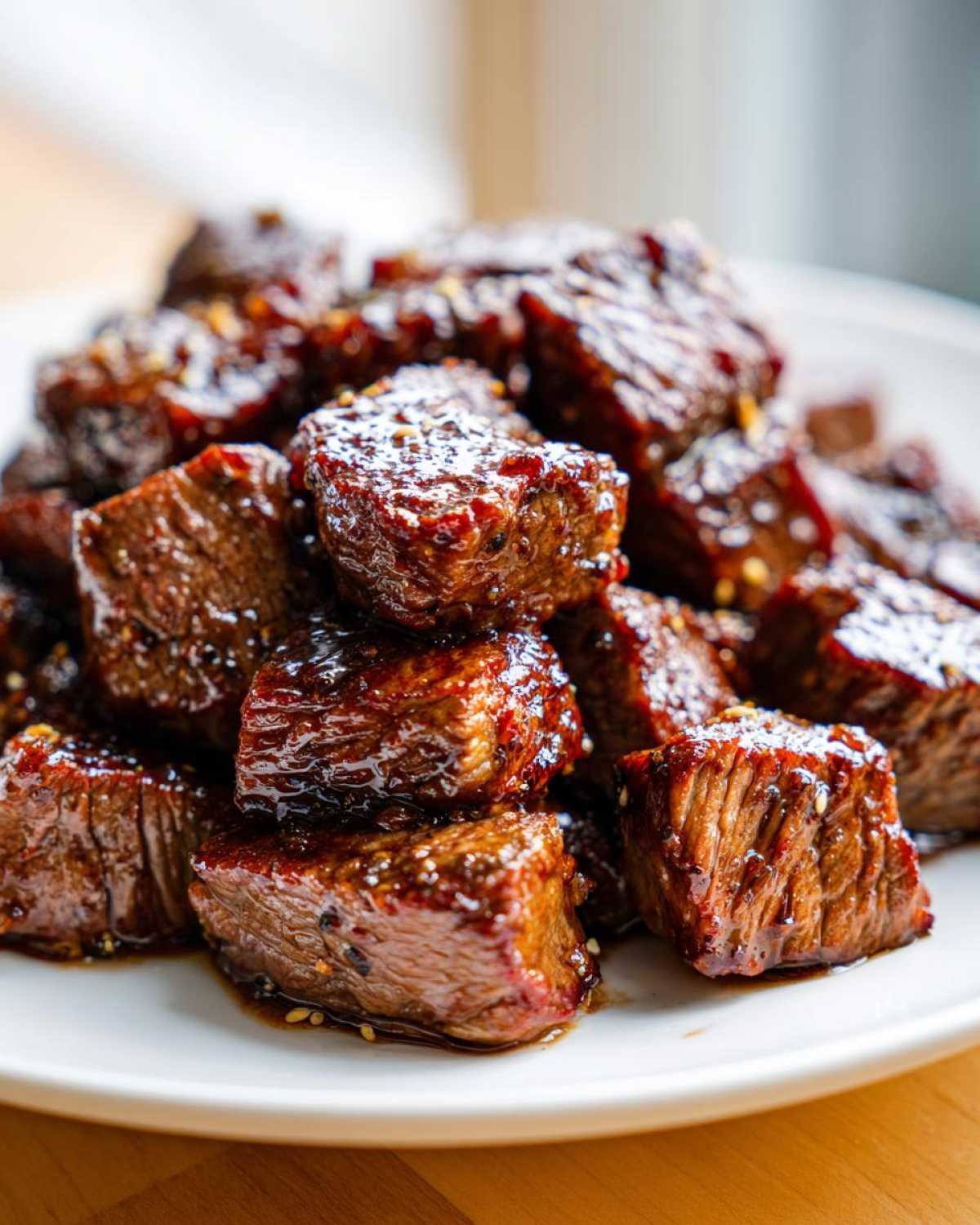 Close-up of tender, glazed cubes of crockpot steak piled high on a white plate, sprinkled with sesame seeds.