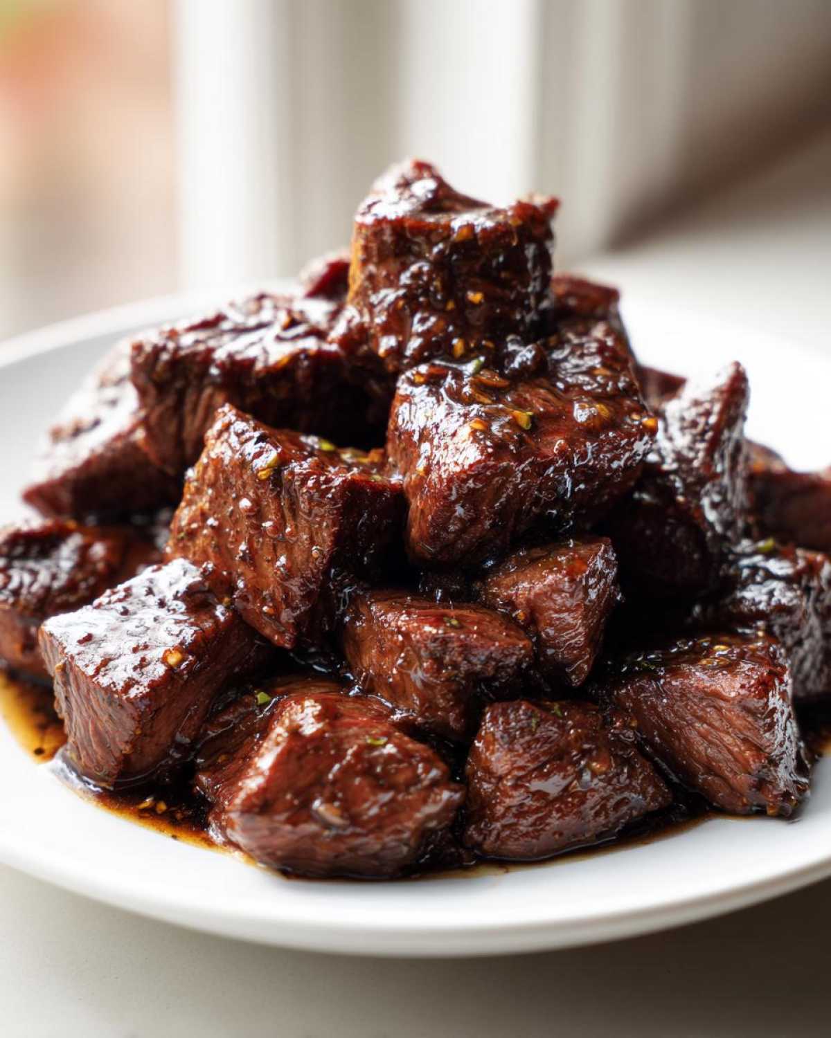 Close-up of tender, cubed crockpot steak bites coated in a dark, glossy sauce, piled on a white plate.