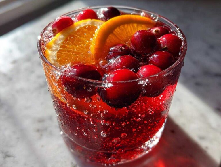 Close-up of a glass filled with sparkling red Thanksgiving punch, garnished with fresh cranberries and orange slices.