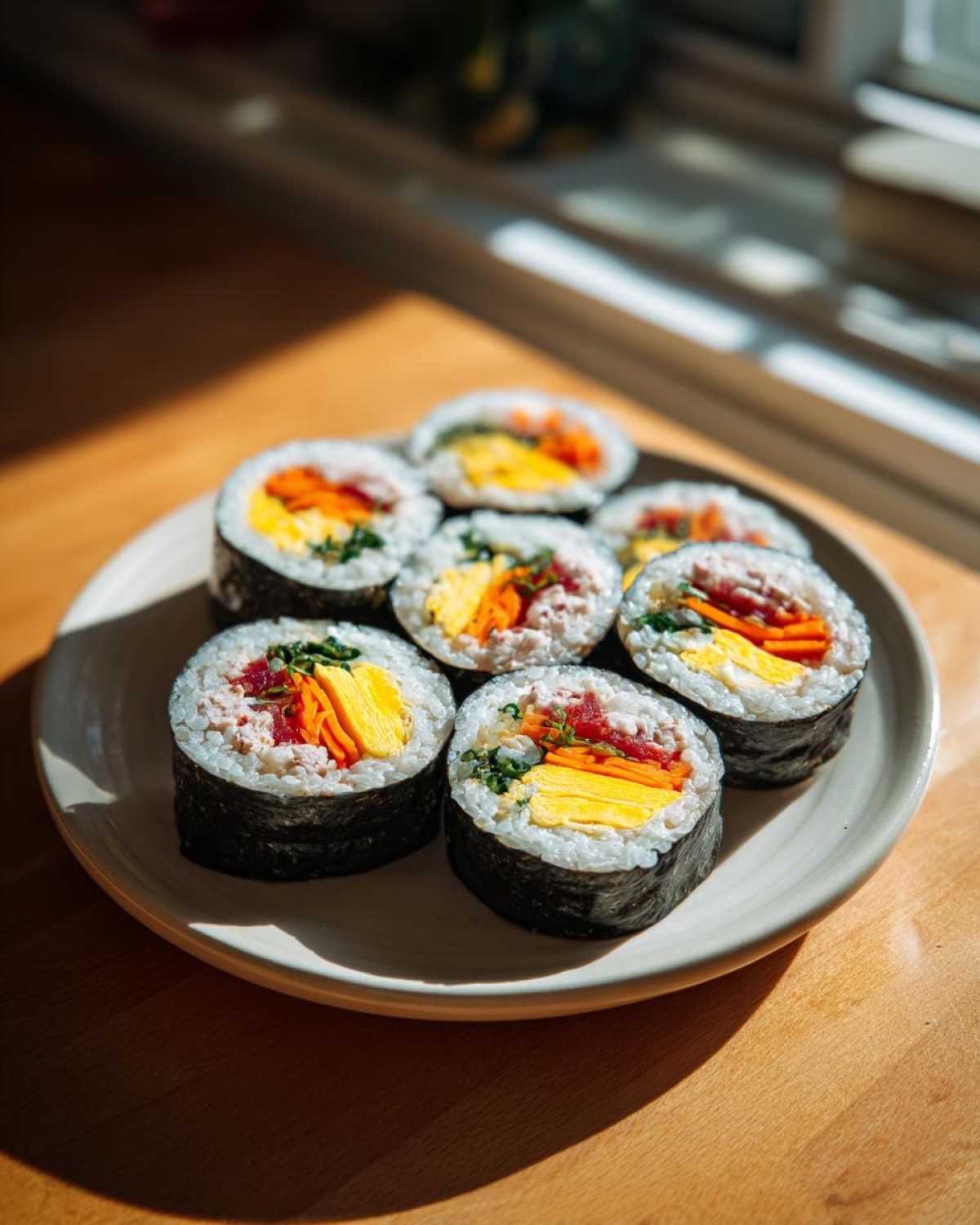 A plate of freshly cut tuna kimbap rolls showing colorful fillings like egg, carrots, and tuna mixture.