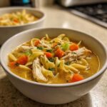 Close-up of a white bowl filled with rich turkey noodle soup, featuring shredded turkey, egg noodles, carrots, and celery.