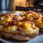 Close-up of several loaded twice baked potatoes topped with melted cheddar cheese and crispy bacon bits.