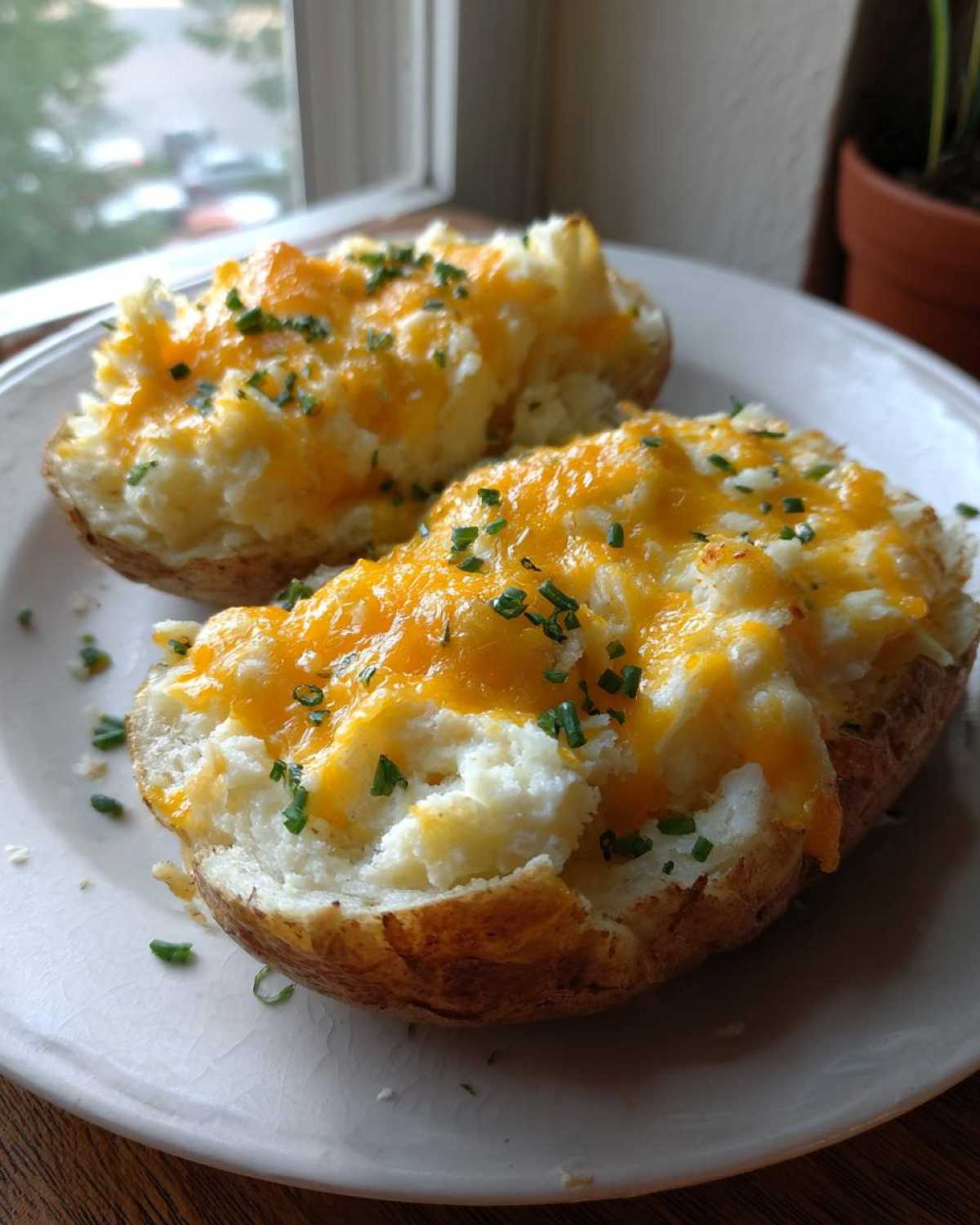 Two halves of twice-baked potatoes filled with mashed potato, topped with melted cheddar cheese and chives.