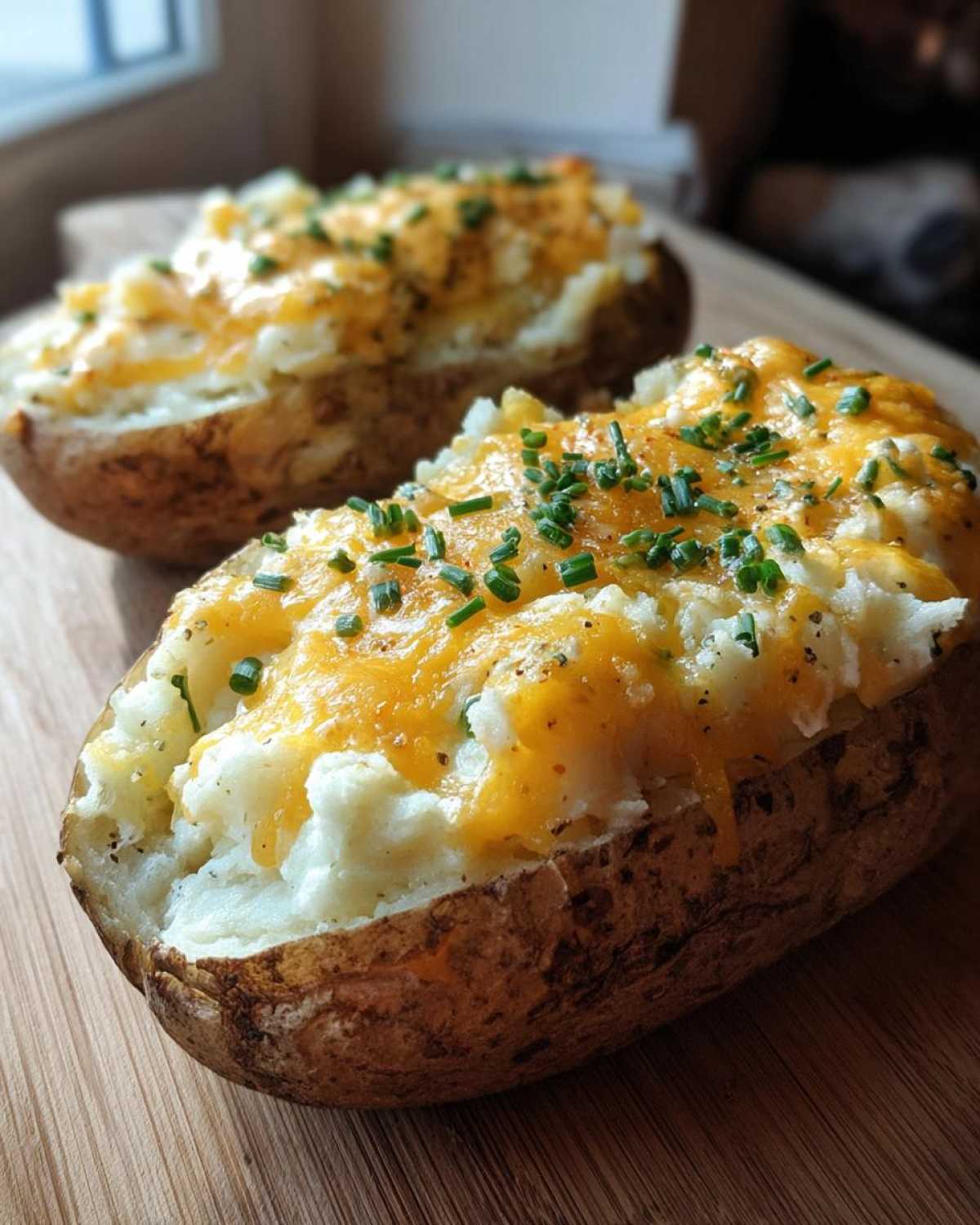 A close-up of a freshly baked twice-baked potato topped with melted cheddar cheese and fresh chives.