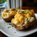 Two perfectly prepared twice-baked potatoes stuffed with creamy filling, topped with melted cheddar cheese and fresh chives.