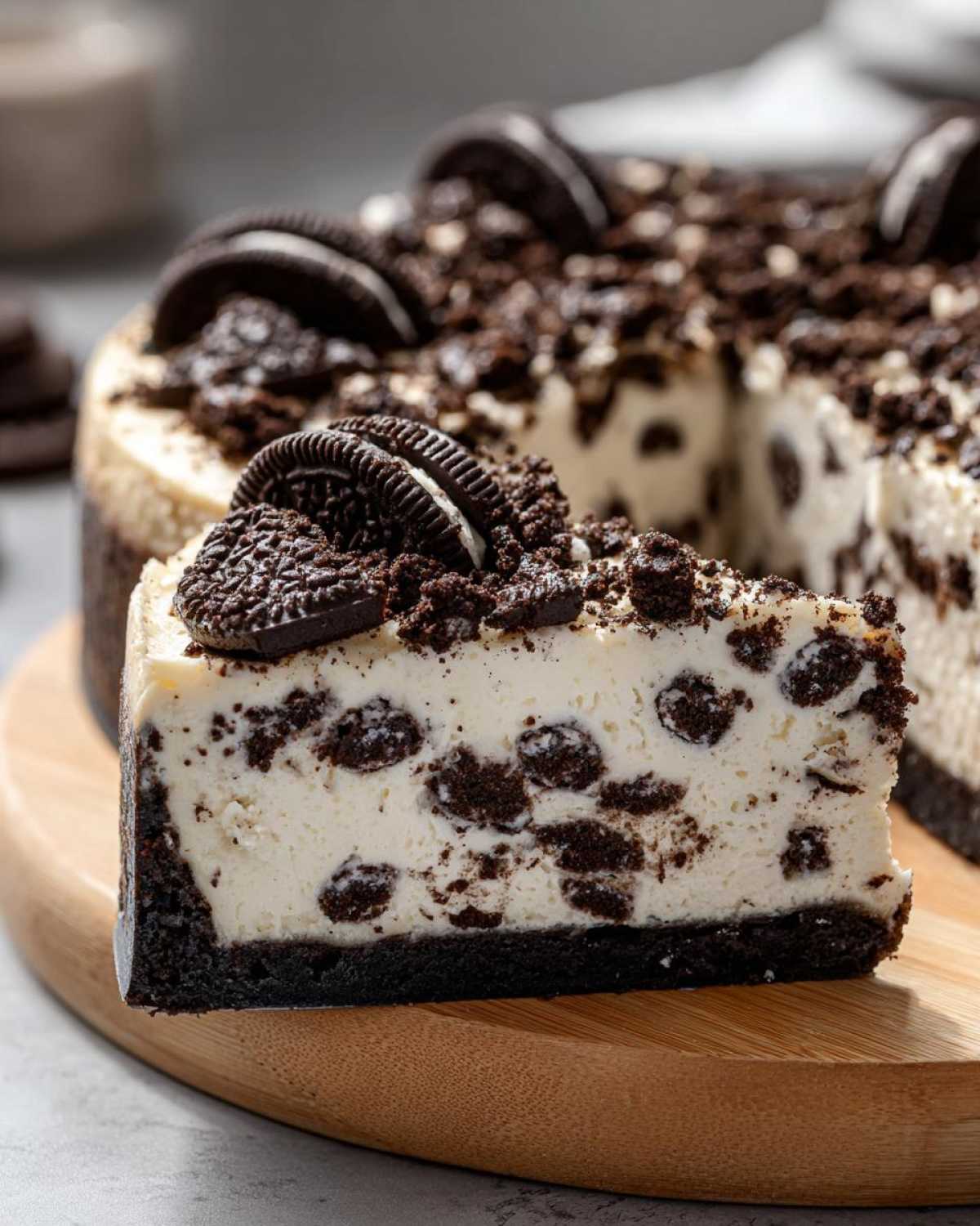 A perfect slice of ultimate oreo cheesecake with a thick Oreo crust and cookie chunks throughout the filling.