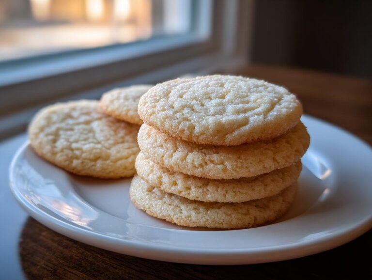 Ultimate 1 soft sugar cookies secret A stack of four perfectly baked soft sugar cookies, lightly coated in sugar, sitting on a white plate.