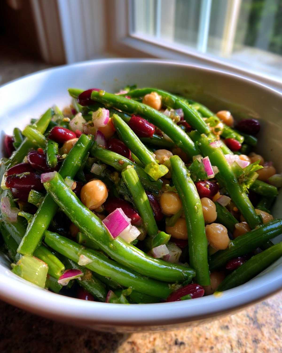 Close-up of a fresh, vibrant bean salad featuring bright green beans, kidney beans, and chickpeas.