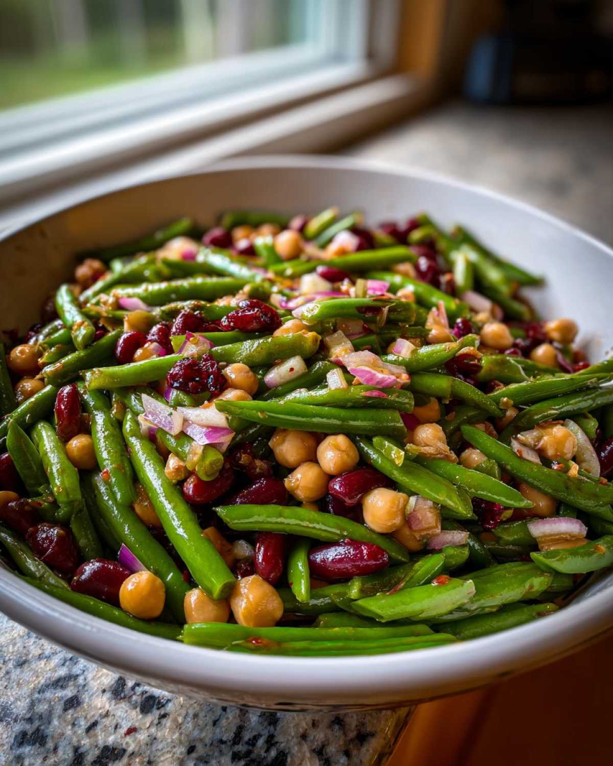 Close-up of a vibrant bean salad featuring green beans, chickpeas, kidney beans, red onion, and dried cranberries.