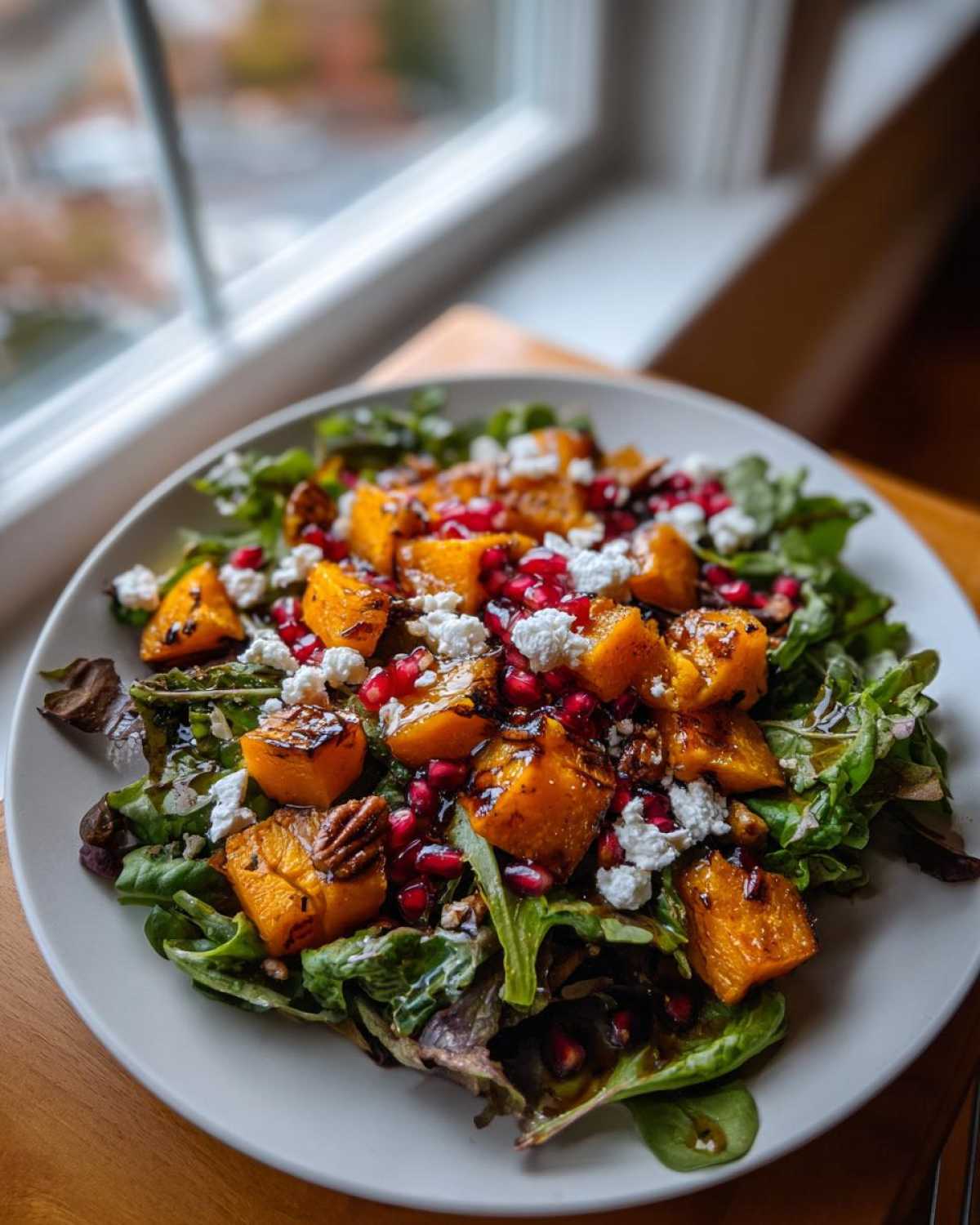 A vibrant fall harvest salad featuring roasted orange squash, pomegranate seeds, goat cheese, and greens.