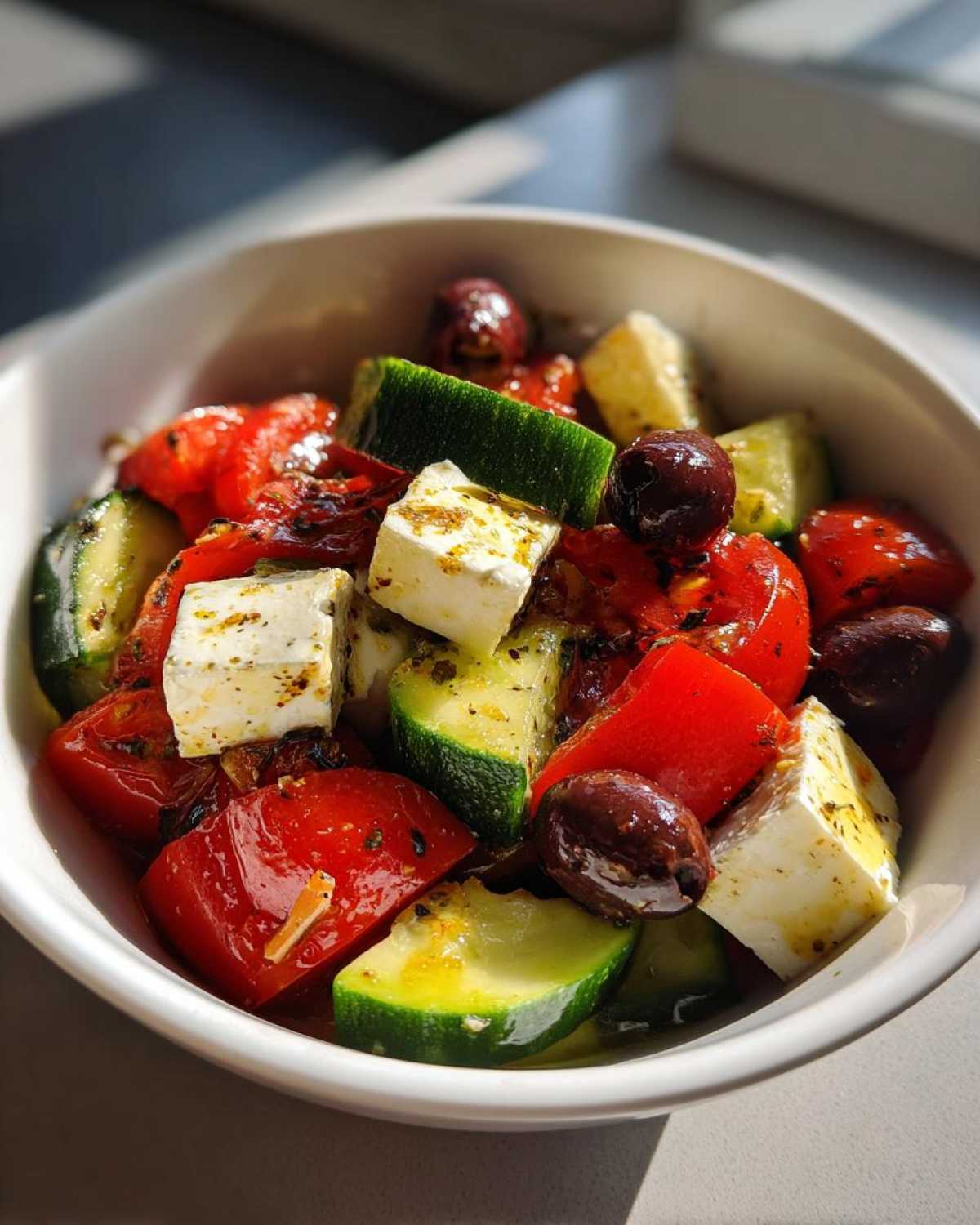 Close-up of a white bowl filled with a vibrant greek salad featuring feta, tomatoes, zucchini, and Kalamata olives.