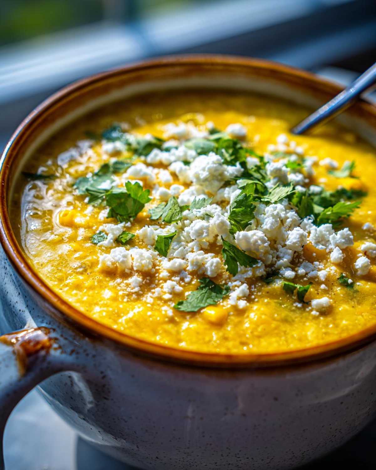 Close-up of a vibrant yellow mexican street corn soup topped generously with crumbled white cheese and fresh cilantro.