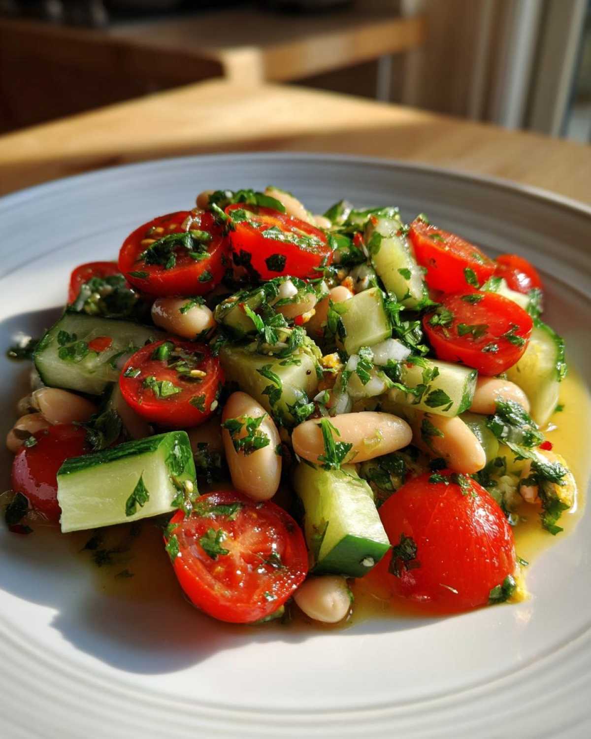Close-up of a vibrant white bean salad featuring cherry tomatoes, chopped cucumber, and fresh parsley in a light dressing.