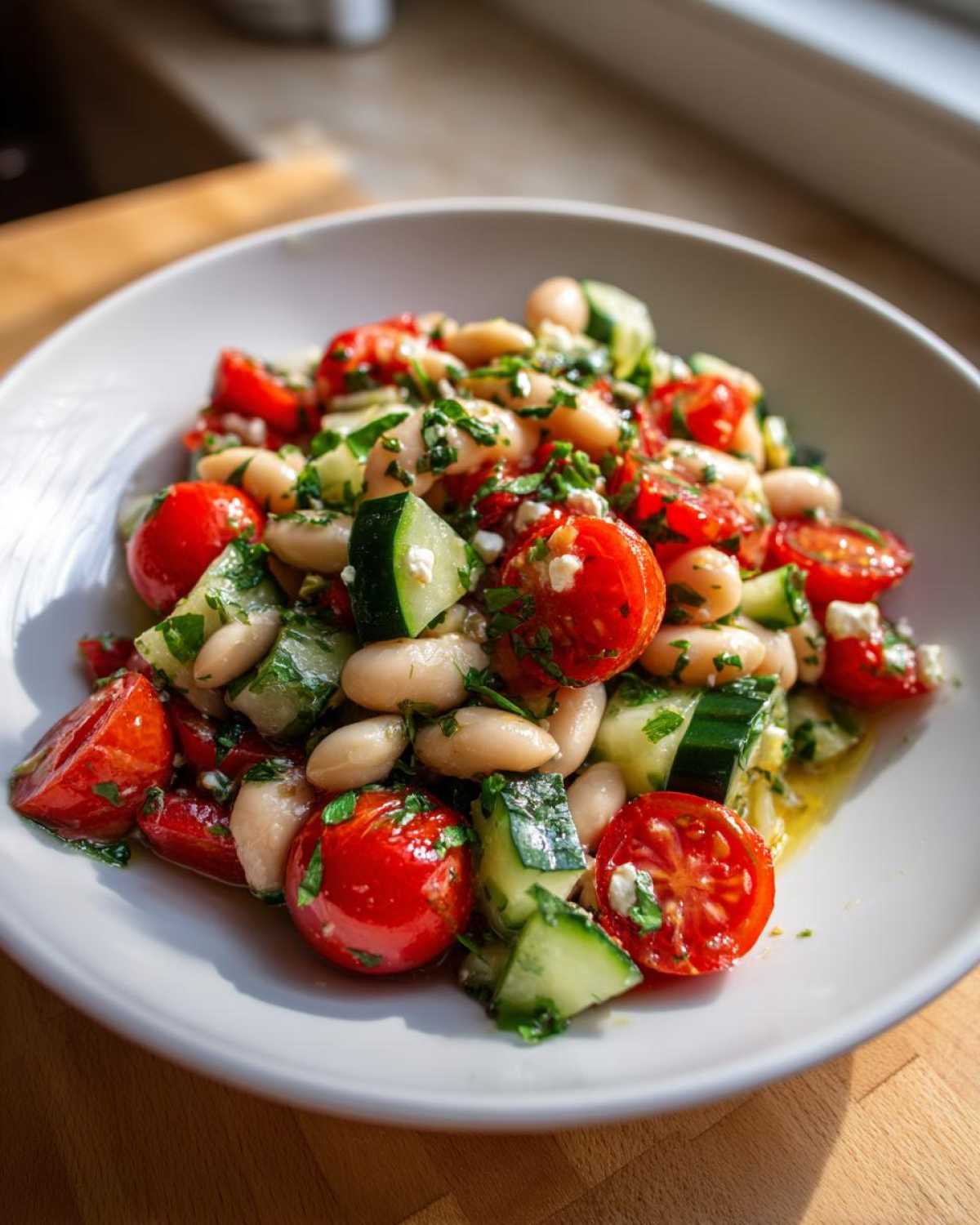 Close-up of a vibrant white bean salad featuring cannellini beans, halved cherry tomatoes, and chopped cucumber.