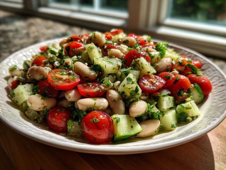 Close-up of a vibrant white bean salad featuring cannellini beans, halved cherry tomatoes, and diced cucumber.