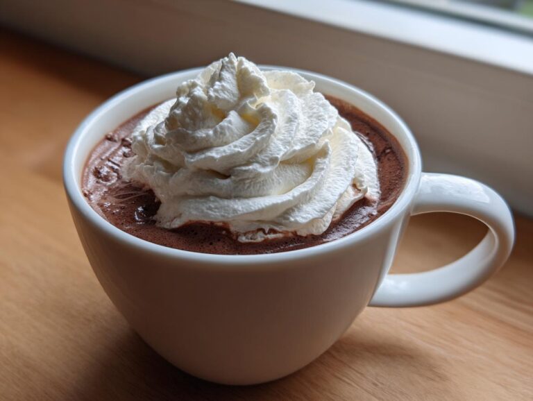 A close-up of rich, dark whipped hot chocolate topped with a generous swirl of white whipped cream.