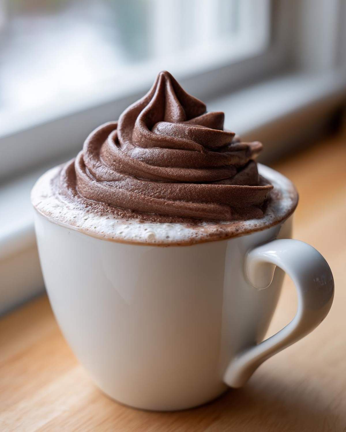 A close-up of a white mug topped with a tall, perfectly piped swirl of chocolate whipped hot chocolate.