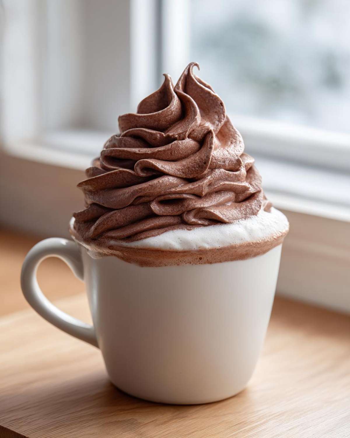 A tall swirl of chocolate topping sits atop a white mug of hot chocolate, showcasing the texture of the whipped hot chocolate.