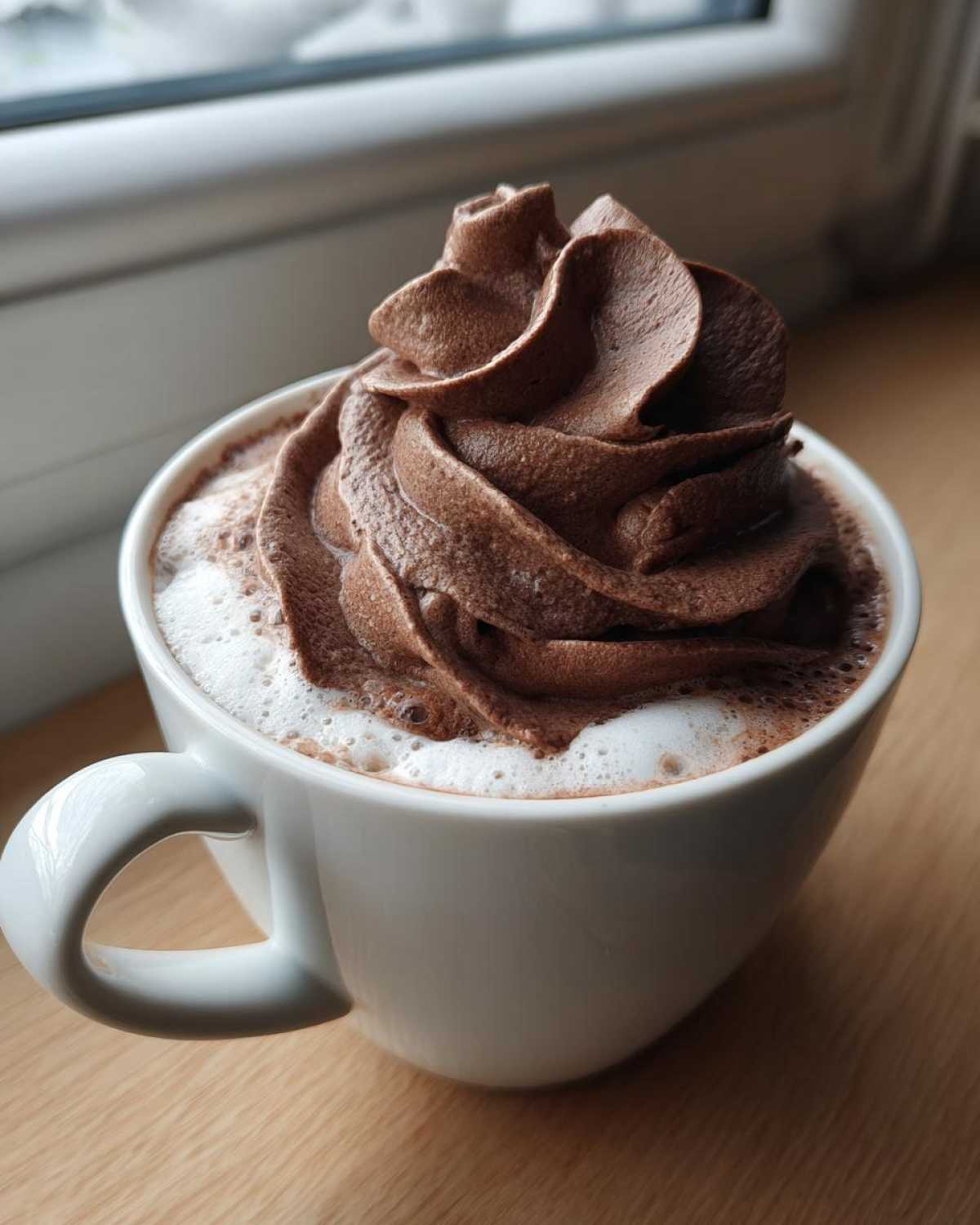Close-up of a white mug filled with hot chocolate topped with a large, perfectly piped swirl of chocolate whipped hot chocolate.