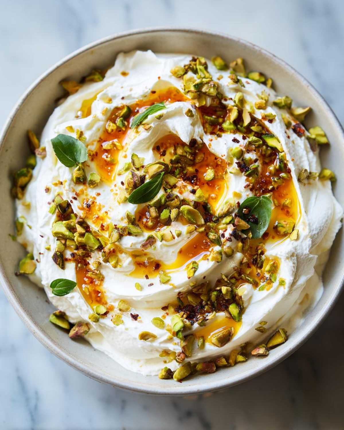 Close-up of a creamy, whipped ricotta dip topped with chopped pistachios, chili-infused honey, and fresh basil leaves.