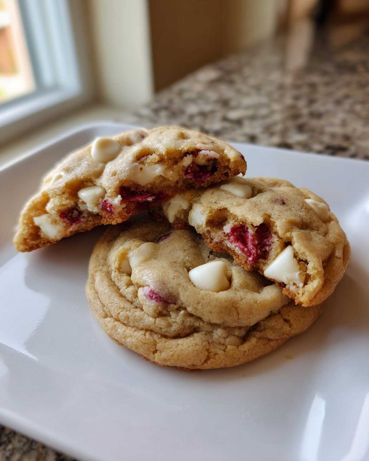 Close-up of soft white chocolate raspberry cookies, one broken in half showing the gooey center and melted white chocolate chips.
