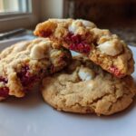 Three soft white chocolate raspberry cookies stacked on a white plate, one broken open showing the raspberry filling.