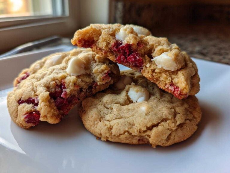 Three soft white chocolate raspberry cookies stacked on a white plate, one broken open showing the raspberry filling.
