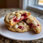 Close-up of soft, chewy white chocolate raspberry cookies on a white plate, one cookie broken in half showing the bright red raspberry filling.