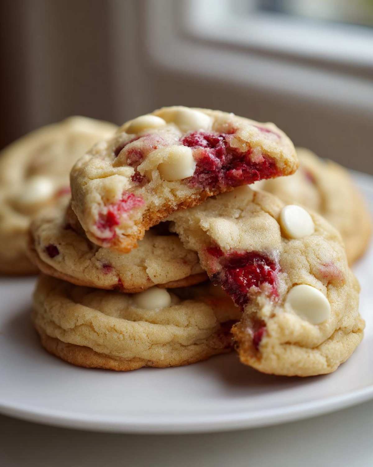 A stack of soft white chocolate raspberry cookies, one broken open revealing the gooey raspberry filling.