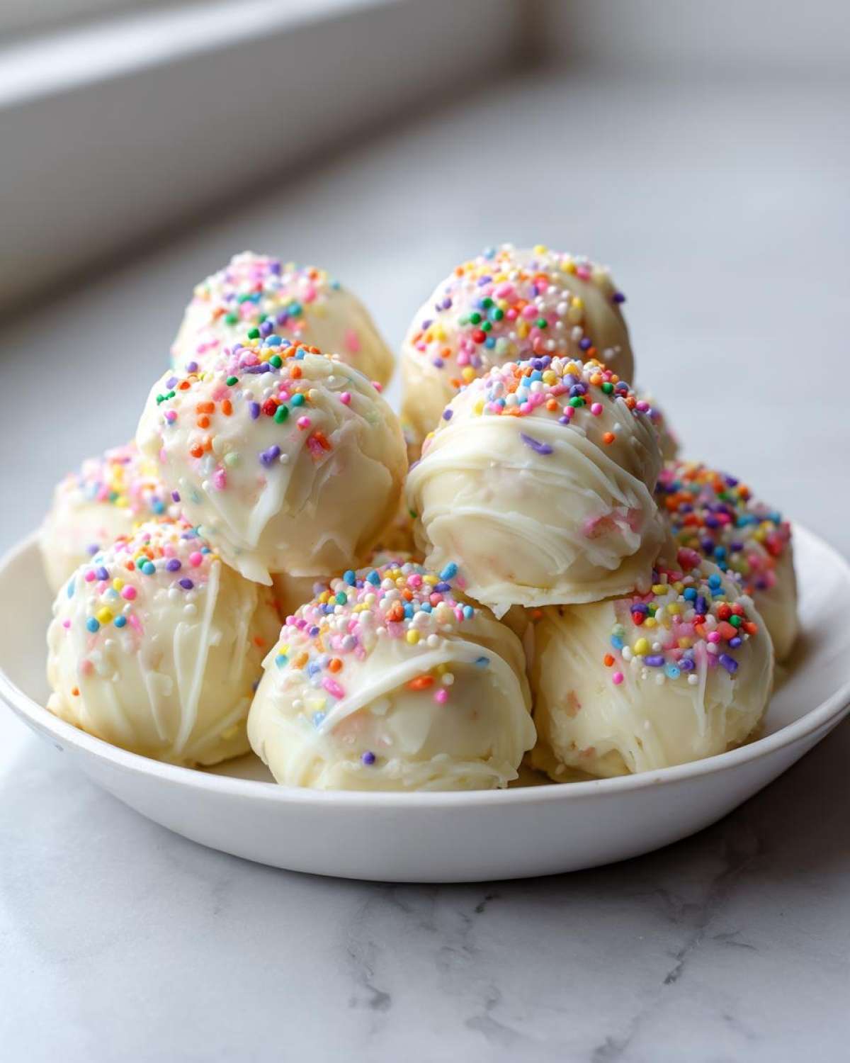 A pile of white chocolate coated sugar cookie truffles topped with colorful sprinkles in a white bowl.