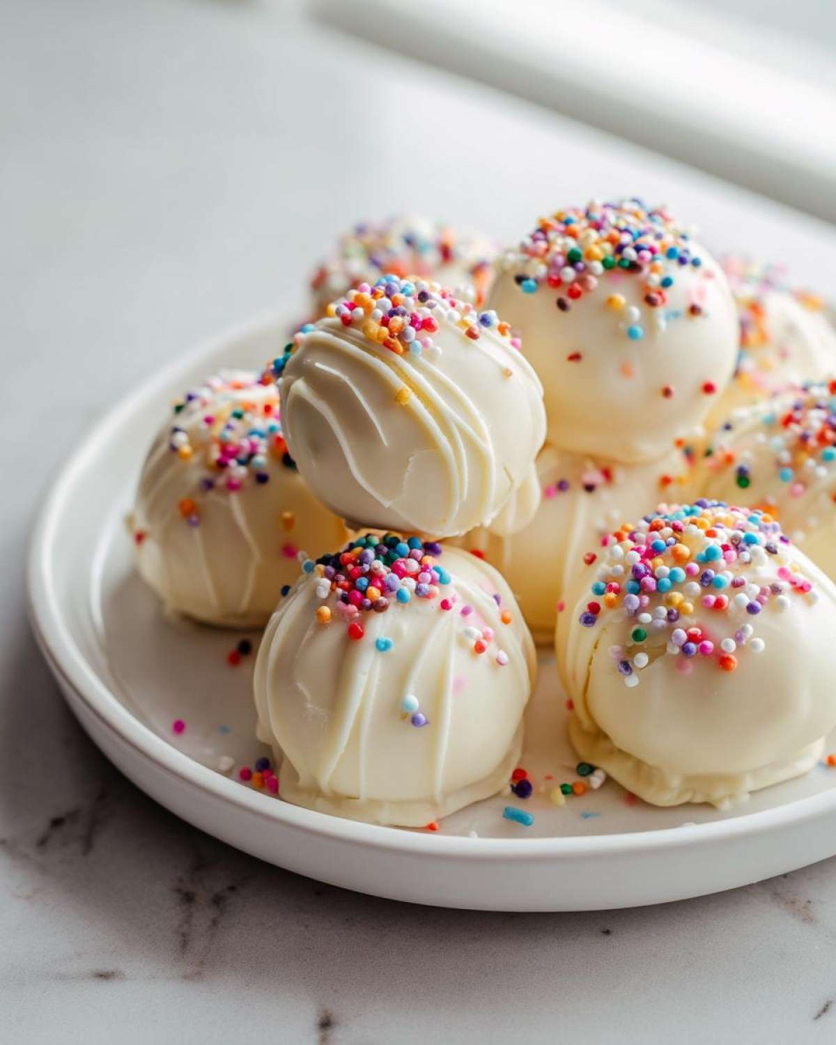 A pile of white chocolate covered sugar cookie truffles topped with colorful sprinkles on a white plate.