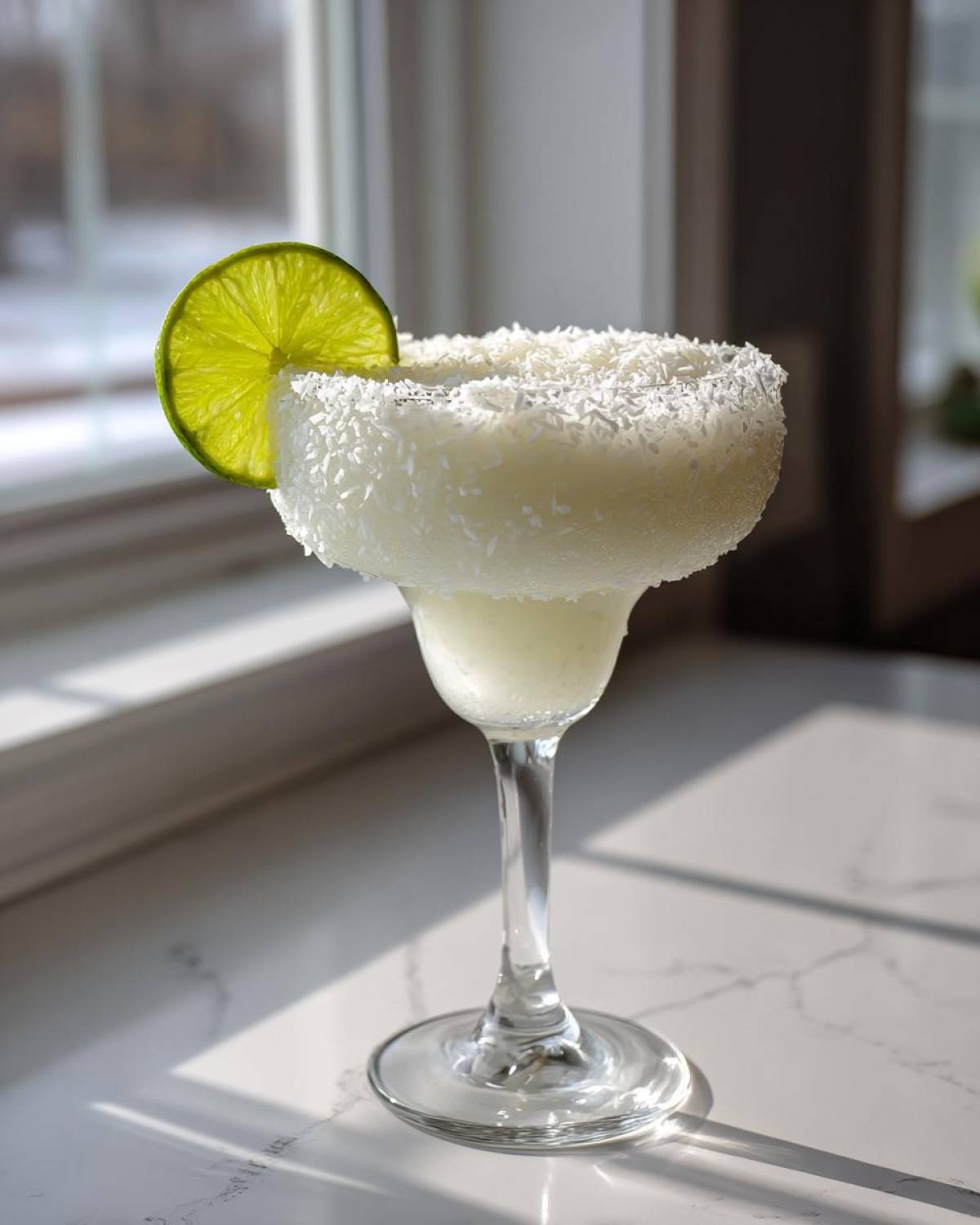 A frosty white Christmas margarita in a stemmed glass with a thick coconut rim and lime wedge garnish.